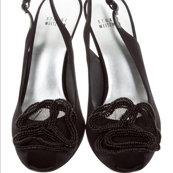 NWT Stuart Weizman 4” black satin heels w/flower. Superbow Satin Pumps w/ Tags - Picture 2 of 13